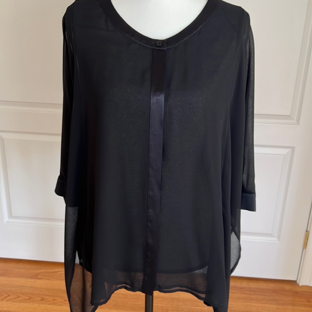 Basler satin trim black chiffon blouse NEW w/ tag